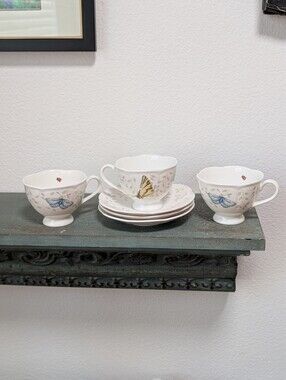 Vintage Lenox Butterfly Meadow Set of 3 Tea Cups and Saucers 6-pieces
